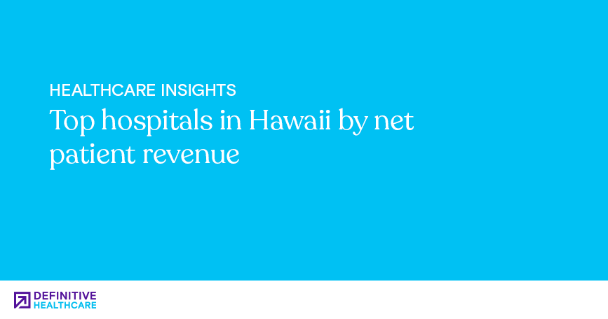 White text on a blue background reading: "Top hospitals in Hawaii by net patient revenue"