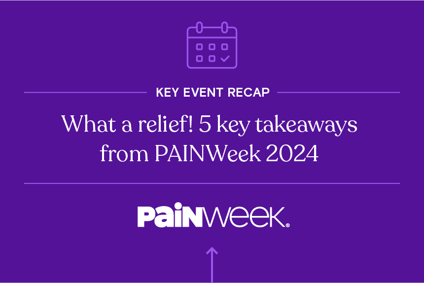 White text on a purple background reads: "Key Event Recap - What a relief! 5 key takeaways from PAINWeek 2024"