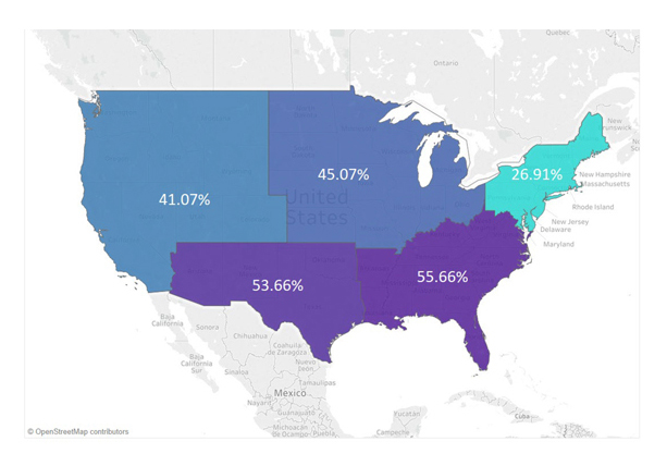 Map of US segmented by region, color-coded by decrease in elective surgery volume from May 2019 to May 2020